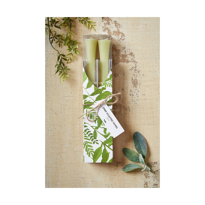 Orbit Sculpted Olive Green Taper Candles Set of 2 - 11.75" Tall, 11 Hour Burn Time, Everyday Home Decor