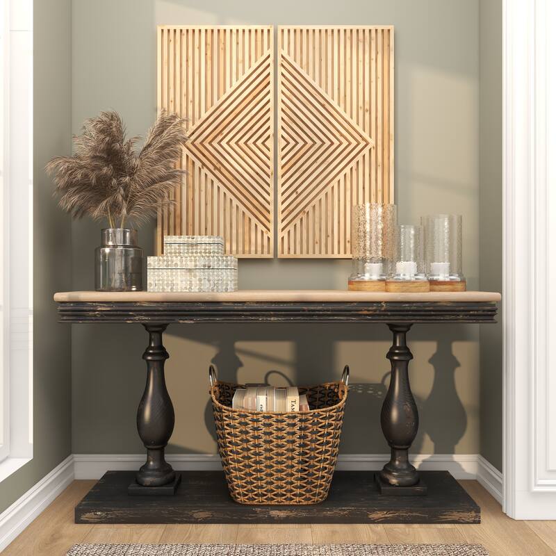 Brown Wood Pillar Hurricane Lamp with Glass Candle Holders (Set of 3)