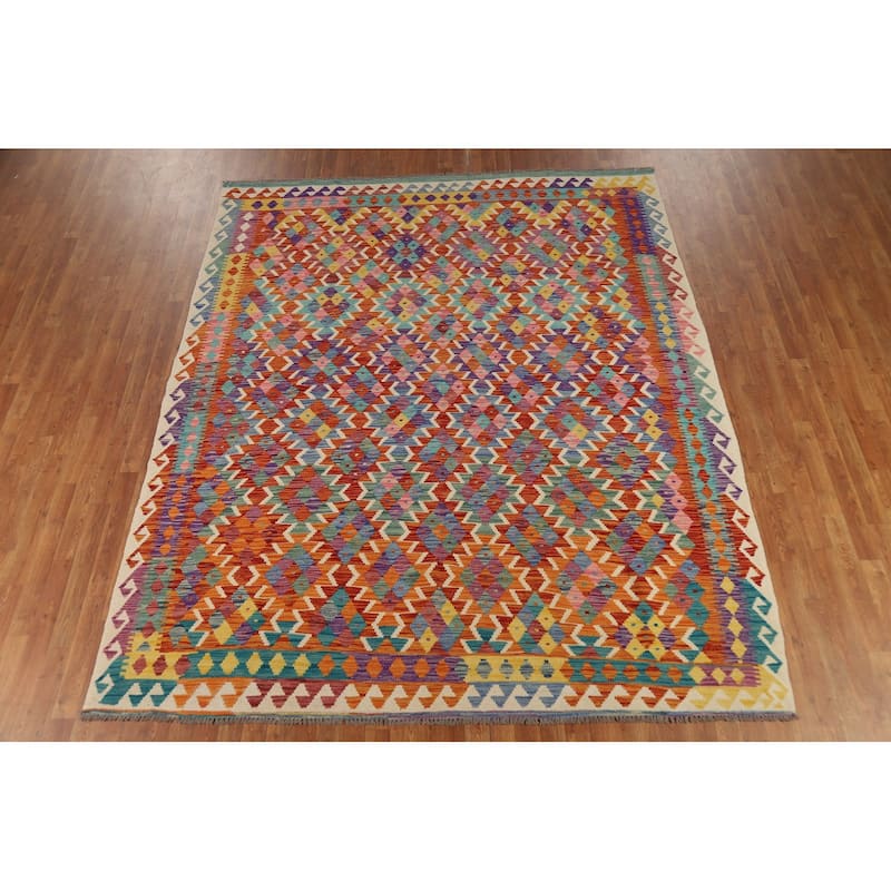 Reversible Kilim Oriental Area Rug Flatweave Orange Wool Carpet - 8'0" x 9'7"