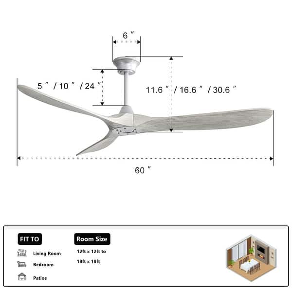 dimension image slide 12 of 13, Sofucor 52''/60" Large Ceiling Fan without Lights, Remote Control and Reversible Motor Included, Smart Optinal
