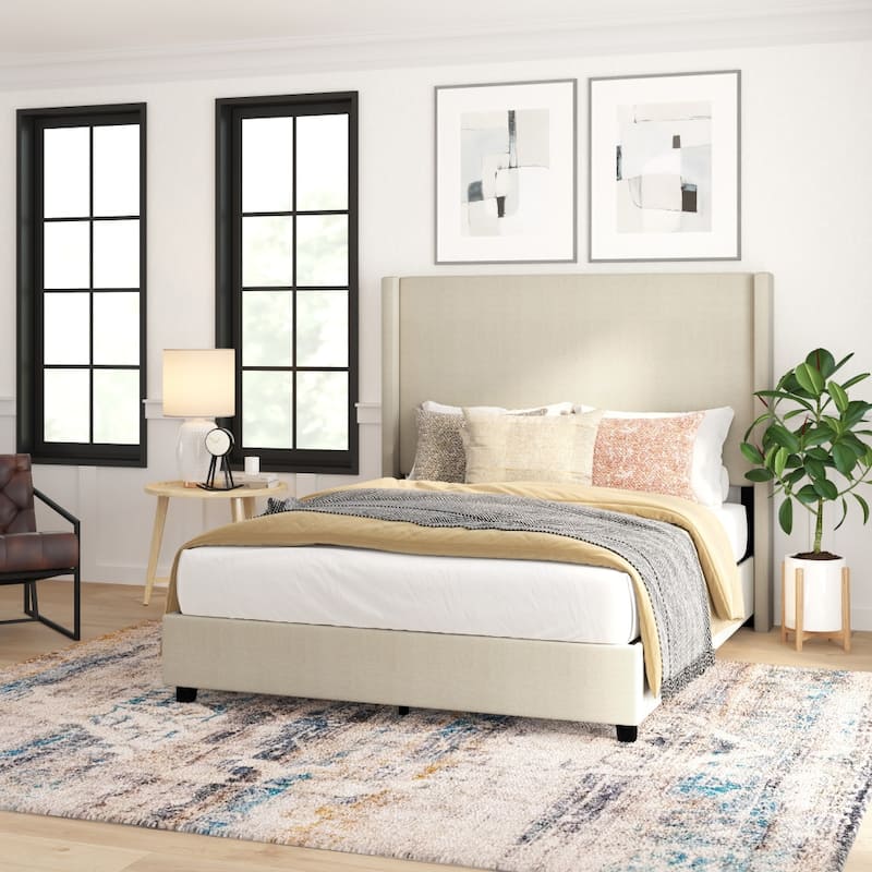 Upholstered Platform Bed with Channel Stitched Headboard - Beige - Queen