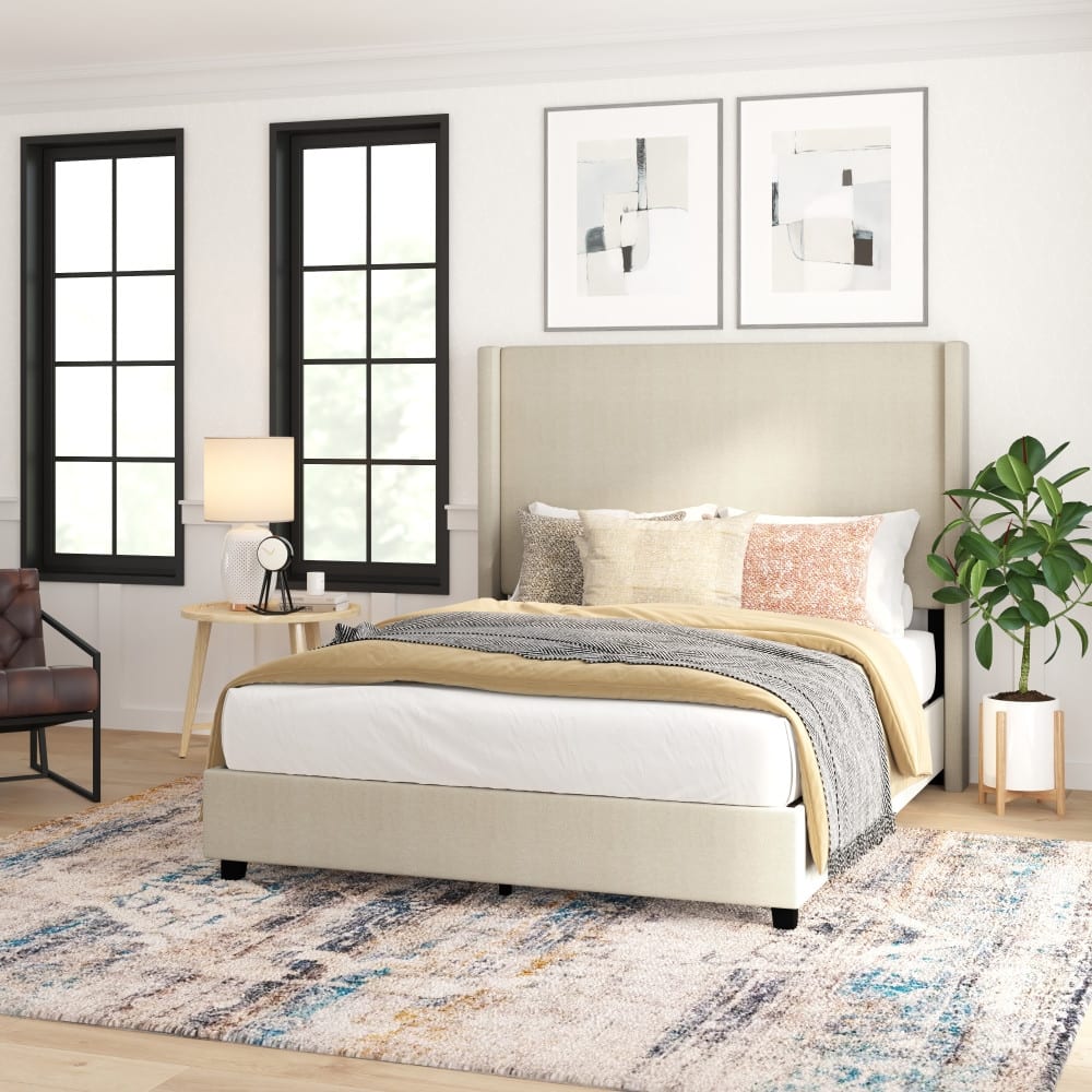 Modern Upholstered Platform Bed with Channel Stitched Headboard