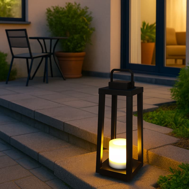 1 Light H16" Modern Matte Black Solar Lantern with Candle Shape Outdoor Light Decorative Portable Hanging LED Lights - W6''