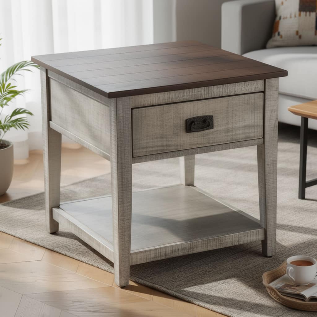 Camie Side End Table, 24 Inch Top with 1 Drawer, Solid Wood Gray