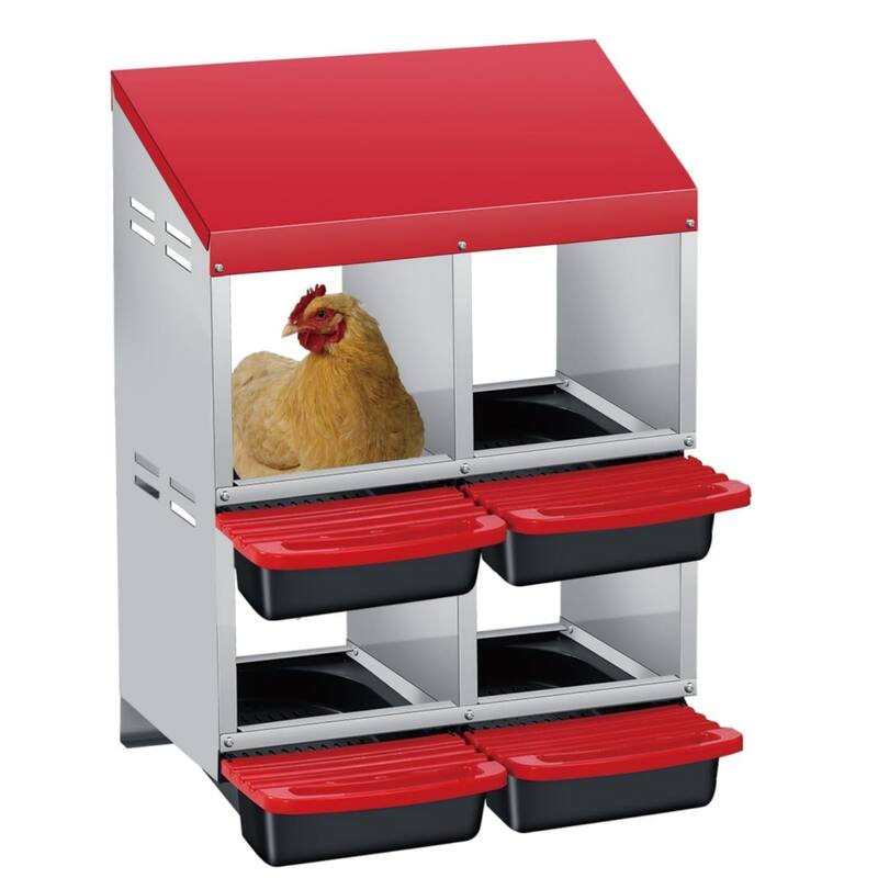 Roll-Away Nesting Boxes for Chickens Coop with Perch - 4 Hole Red Double-Layer