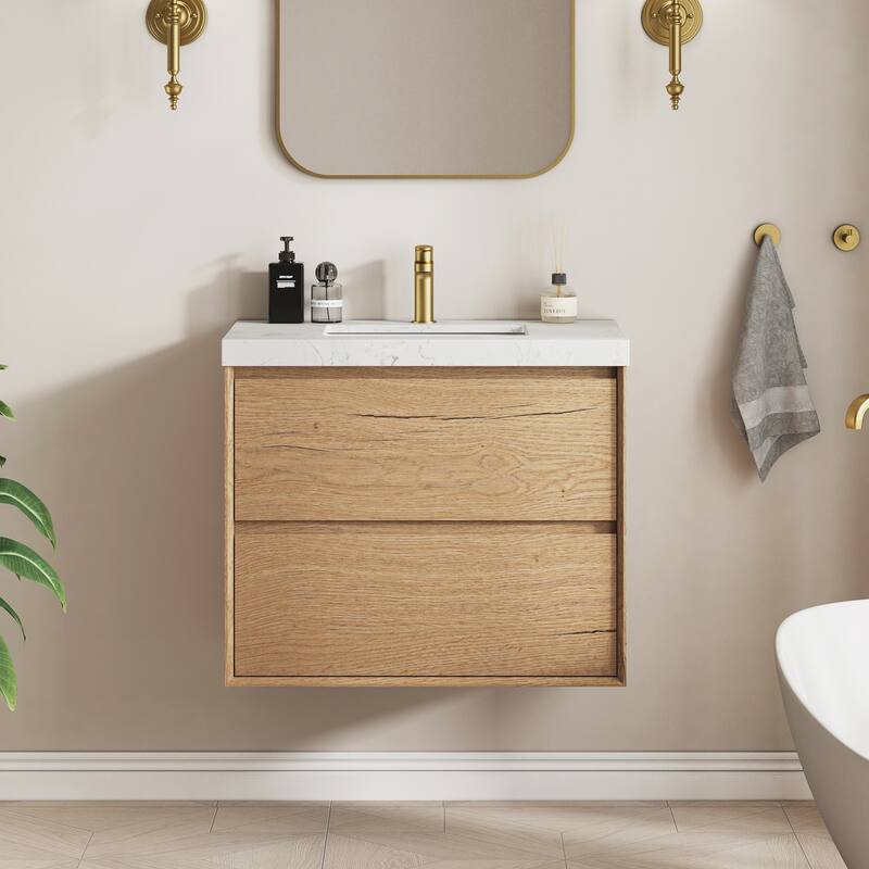 Sylphar 30 inch Bathroom Vanity with Sink, Floating Oak Cabinet with Stone Top - 1 Set Of Natural Oak Vanity