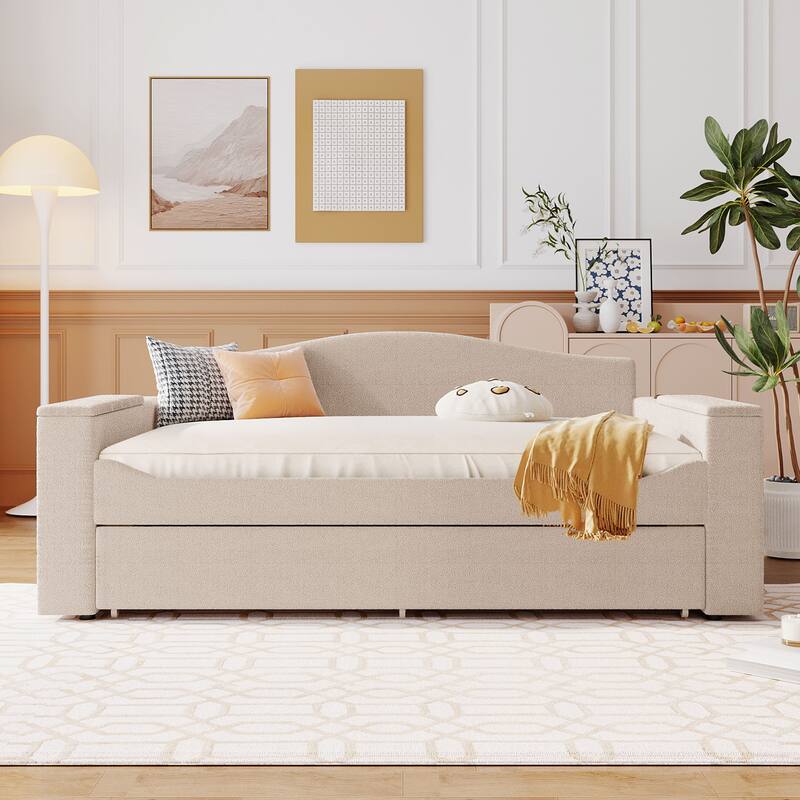 Full Size Upholstered Daybed with Storage Armrests, Trundle, and Bluetooth Audio System