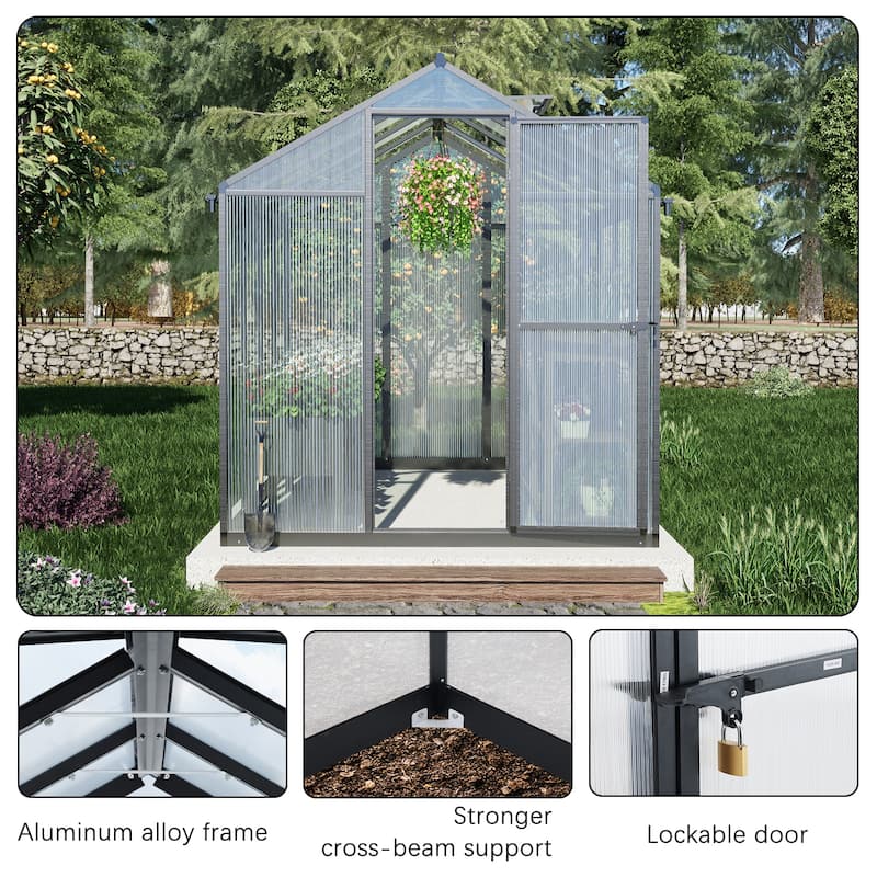 Aoodor 6' x 8' Walk-in Polycarbonate Greenhouse with Roof Vent and Door lock