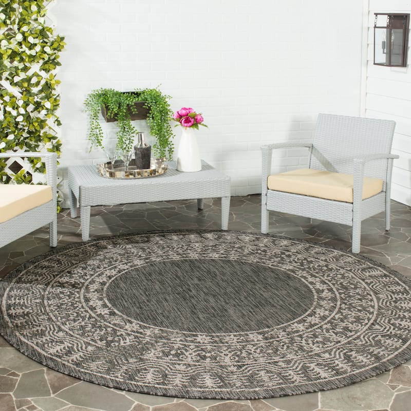 SAFAVIEH Courtyard Deann Indoor/ Outdoor Waterproof Patio Backyard Rug - 6'7" Round - Black/Beige