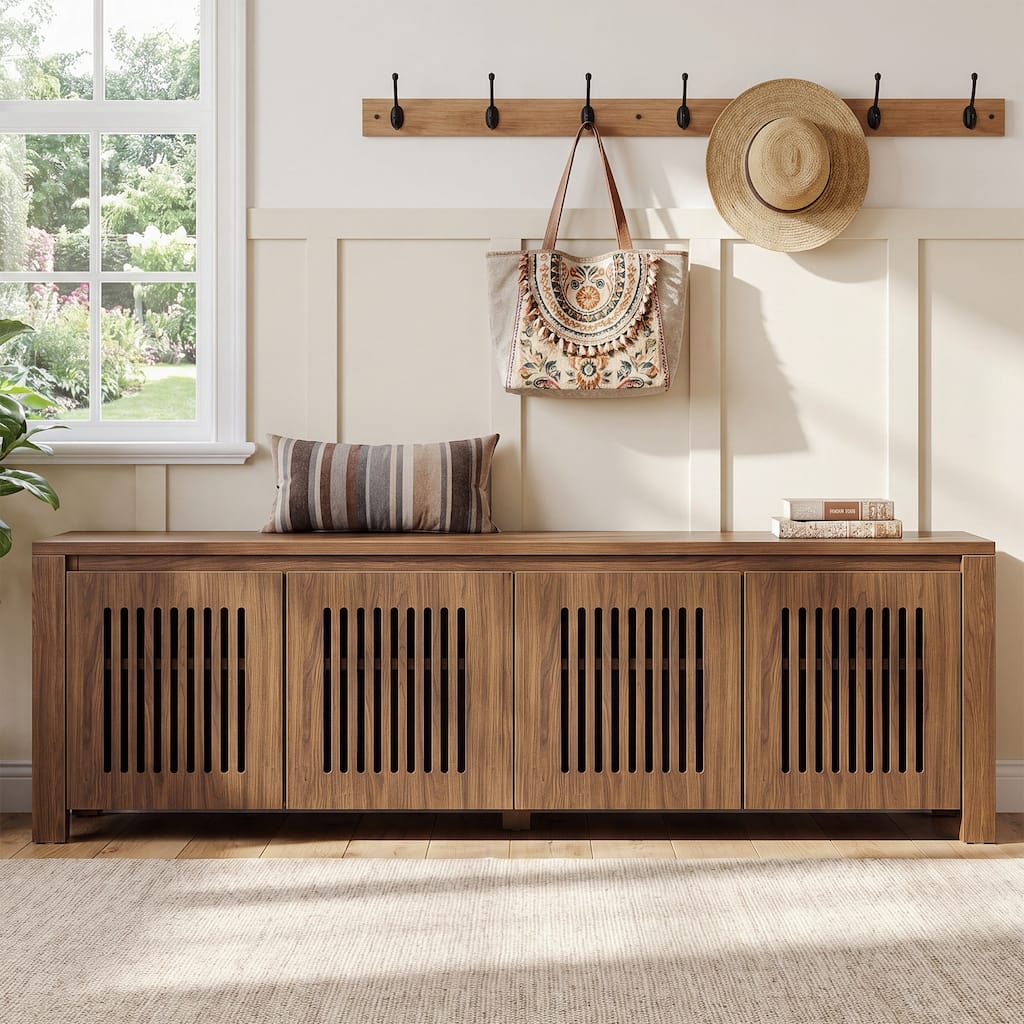 Rustic Walnut Shoe Bench with 4 Louver Doors, Hidden Storage Cabinet for Entryway Bedroom Living Room
