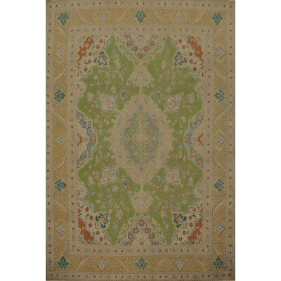 Hand Knotted Oriental 100% Wool Carpet Traditional Floral Green Tabriz Area Rug - 12' 5'' X 9' 4''