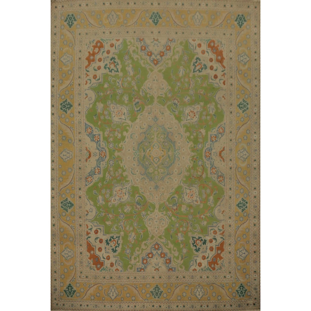 Hand Knotted Oriental 100% Wool Carpet Traditional Floral Green Tabriz Area Rug - 12' 5'' X 9' 4''