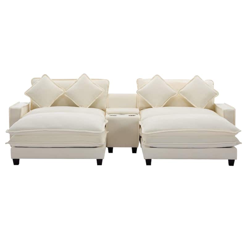 111" Beige Chenille Sectional Sofa with 2 Ottomans, 2 USB Ports, 2 Cup Holders & Storage
