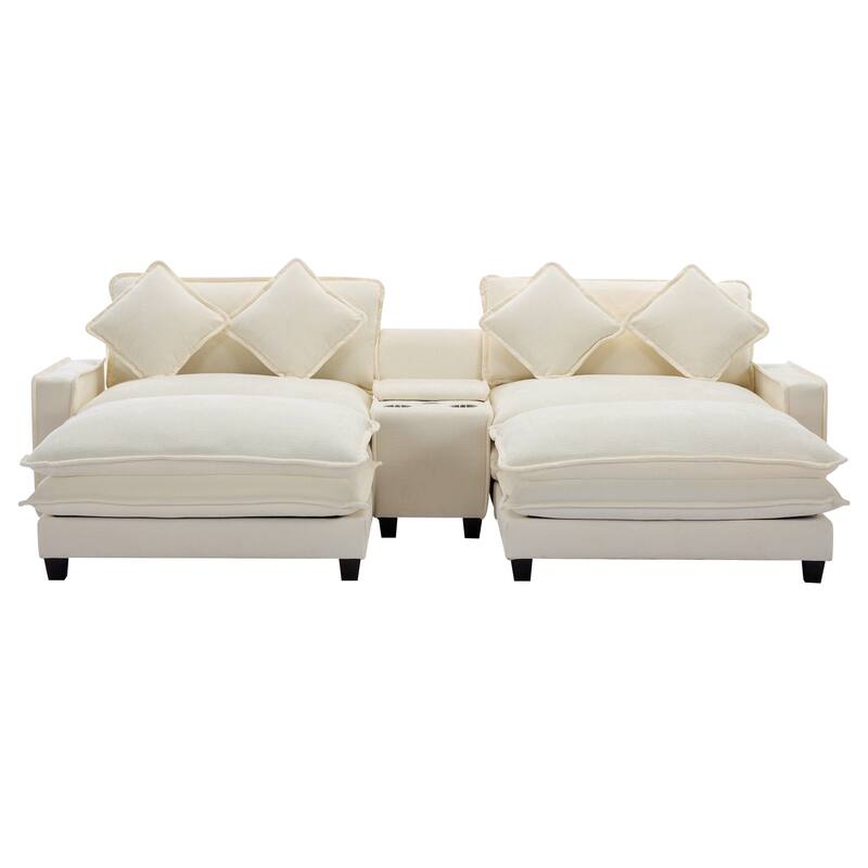 111" Chenille Sectional Sofa with 2 Ottomans, USB Ports and Storage - 4-Seater and Pocket Spring Cushions Cup Holders