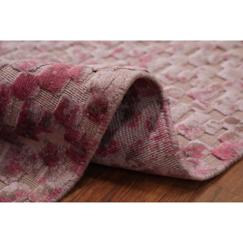 Hand Knotted Oriental Viscose Silk Carpet Modern Geometric Pink Abstract Area Rug - 6' 10'' X 4' 8''