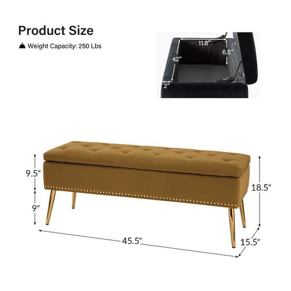 dimension image slide 5 of 19, HULALA HOME Neptunus Modern 45.5" W Velvet Bedroom Storage Bench for End of Bed with Nailhead Trim