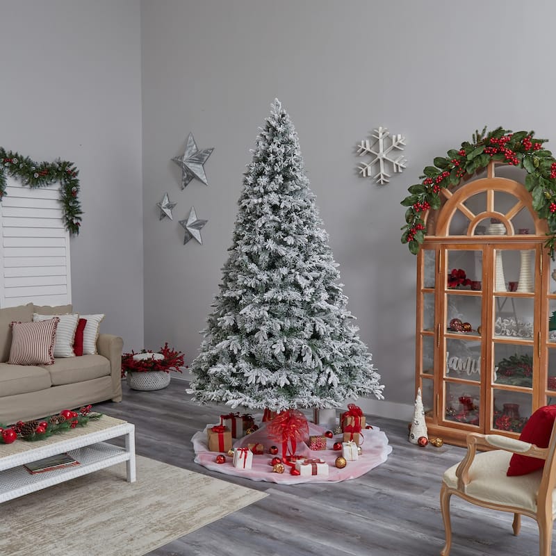 9ft Flocked Christmas Tree with Lights, Artificial Pine Tree, Holiday Decor, Realistic Holiday Tree - Green - 108