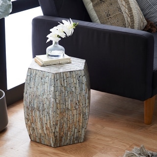 Gray Mother of Pearl Shell Handmade Shell Mosaic Hexagon Accent Table with Brown Accents