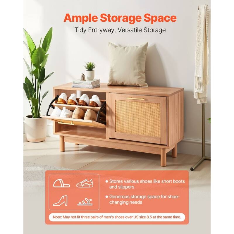 Flip Top Shoe Storage Bench Cabinet with Rattan Accent with Seating for Entryway or Hallway - 39.4” x 11.8” x 20.9”