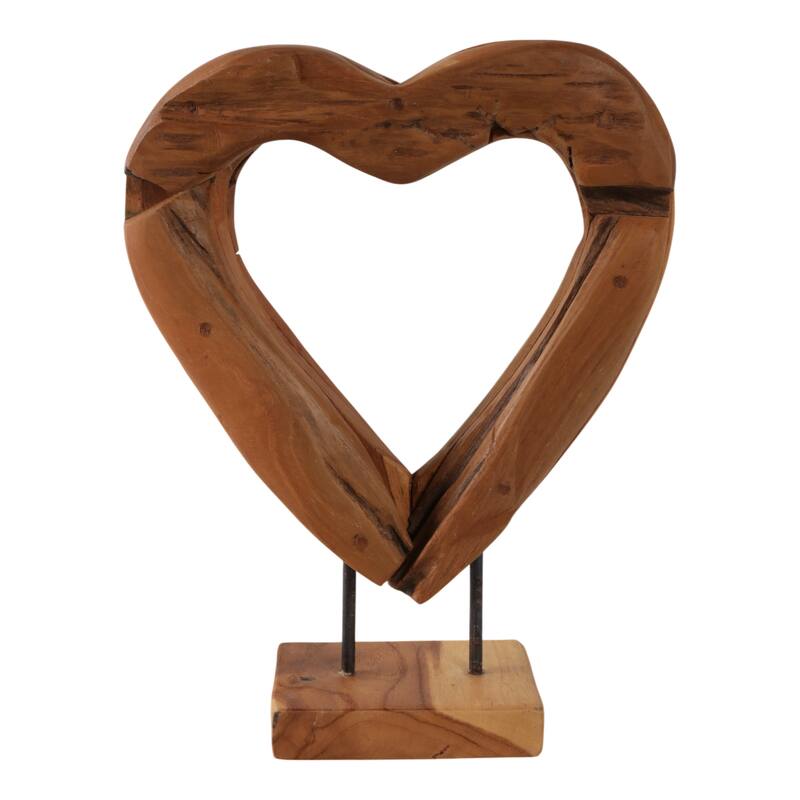 Teak Wood Heart Sculpture Natural Texture Rectangular Base - 15" Brown - 11.25" x 4" x 14.5"