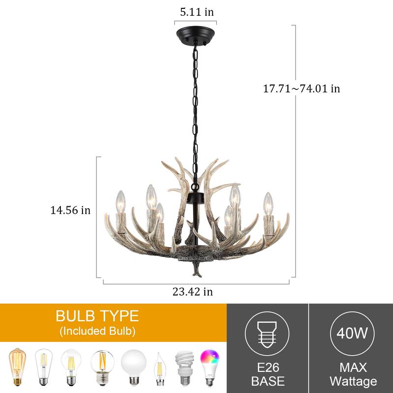 6-light farmhouse adjustable height pendant light with decorative resin antlers