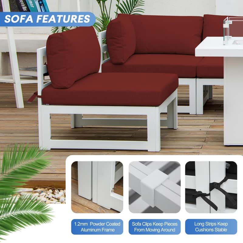 FINCATI Modern 7 Piece White Aluminum Outdoor Furniture Set with Propane/Natural Gas Firepit Table
