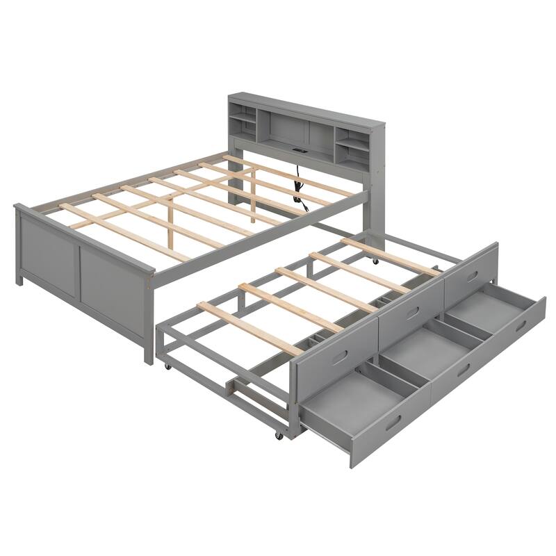 Full Platform Bed with Storage Headboard, USB Charging Port, Twin Trundle, and 3 Drawers - Space-Saving Design