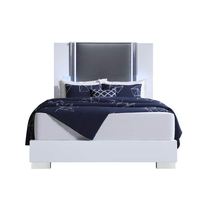 HomeRoots White and Gray Wood And Faux Leather Lighted King Bed Frame