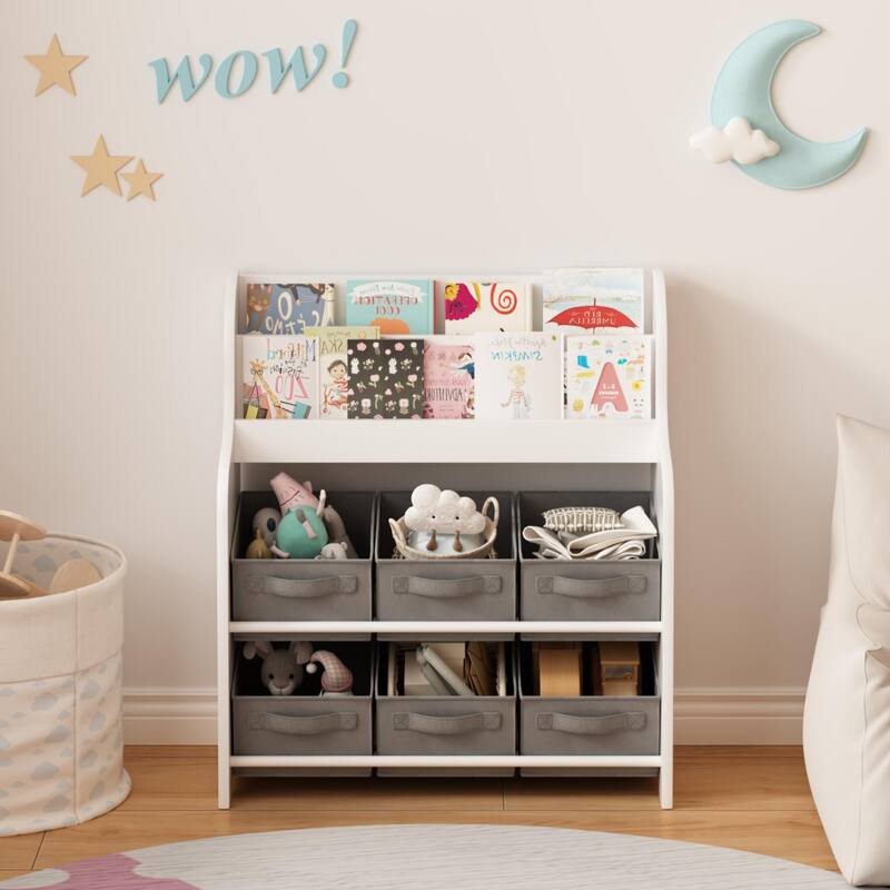 Kids Bookshelf with 6 Fabric Storage Bins, Multi-Functional Children's Bookcase and Toy Organizer
