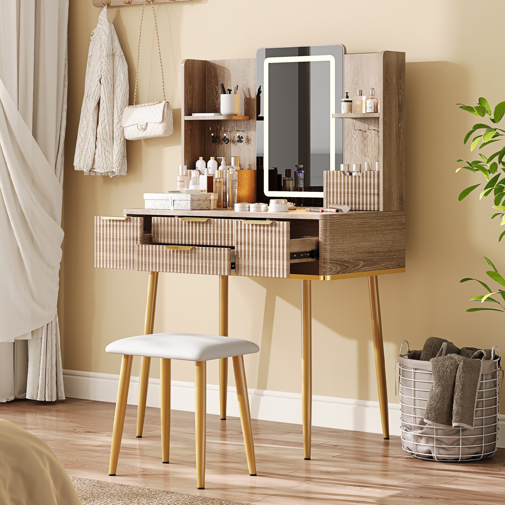 Fluted Makeup Table & PU Cushioned Stool Set, Vanity Desk with LED Mirror, Dressing Table with Jewelry Storage for Bedroom