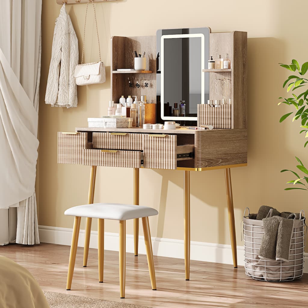 Fluted Makeup Table Vanity Set with LED Mirror, Metal Legs &Jewelry Storage, Carved Dressing Table & PU Stool Set