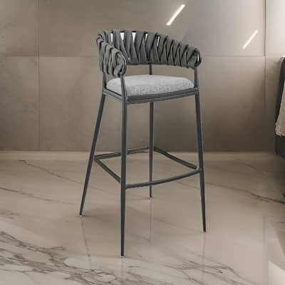 Mimy 30 Inch Barstool Chair, Gray Faux Leather Strap Back, Black Iron