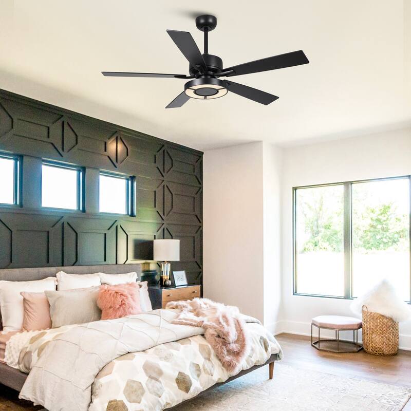 52" Black Wooden 5-Blade Dimmable Modern Ceiling Fan with Light and Remote