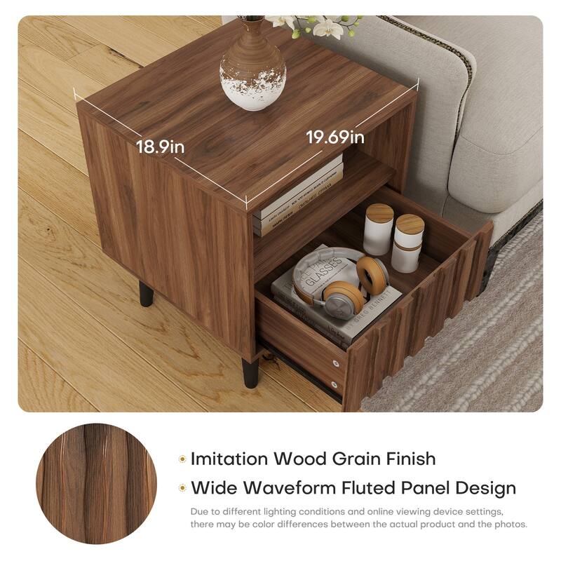 Mid-Century Modern Nightstand, Fluted End Table Drawer & Open Storage