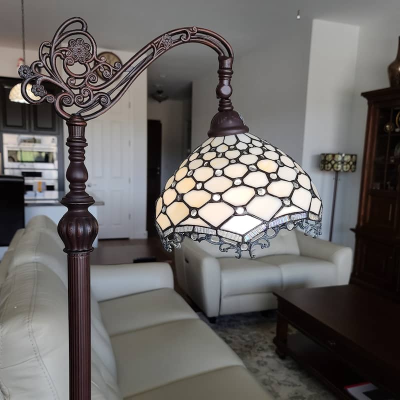 Tiffany Style Floor Lamp Jeweled Jagged Edge Arched 62" Tall Stained Glass White Bedroom Reading Amora Lighting
