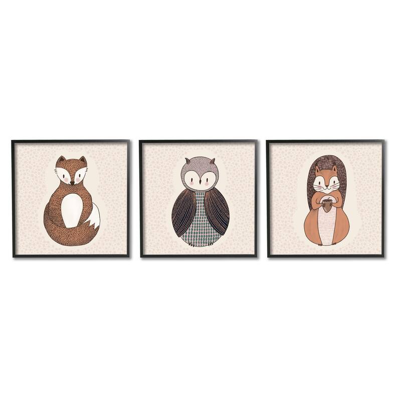 Stupell Stylized Animal Portraits Kids Owl Fox Squirrel 3 Piece Framed Wall Art, Design by Birgit Maria Kiennast - 17 x 17 - Black