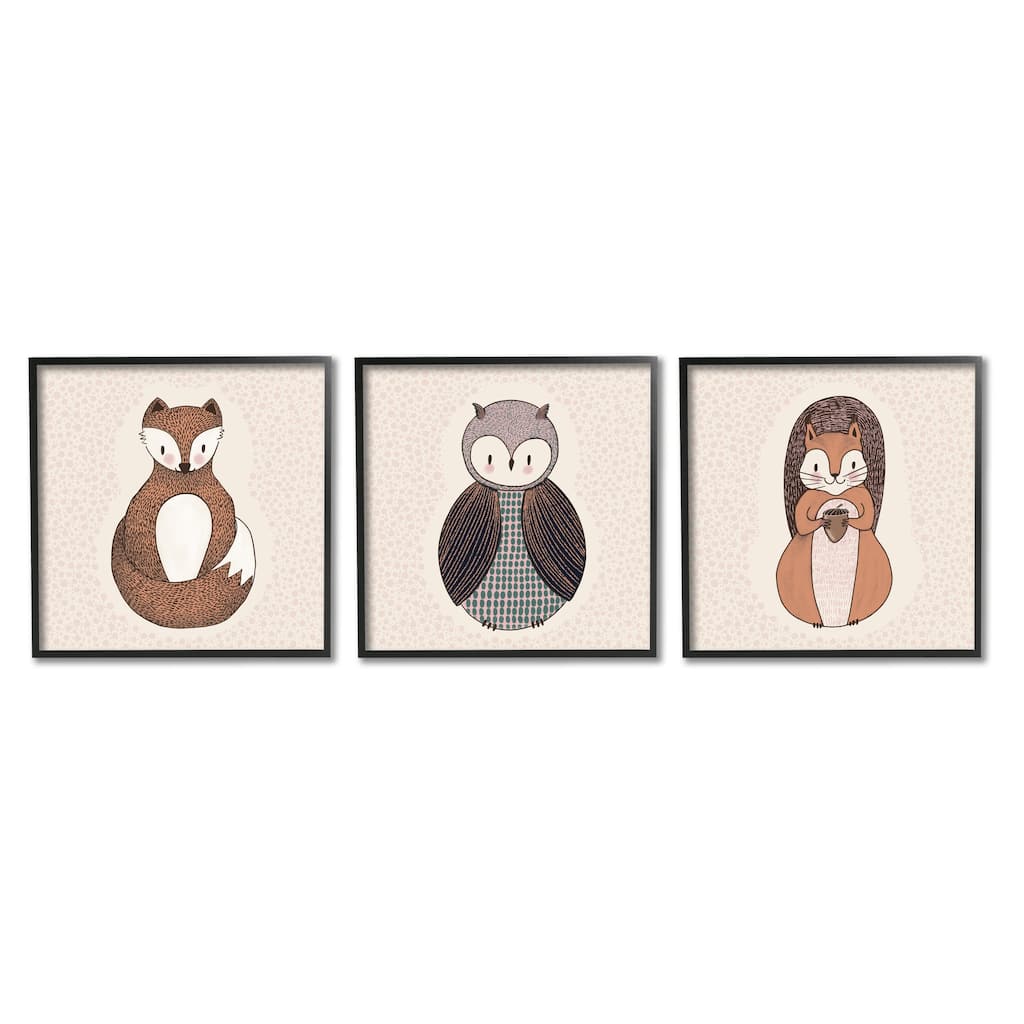 Stupell Stylized Animal Portraits Kids Owl Fox Squirrel 3 Piece Framed Wall Art, Design by Birgit Maria Kiennast
