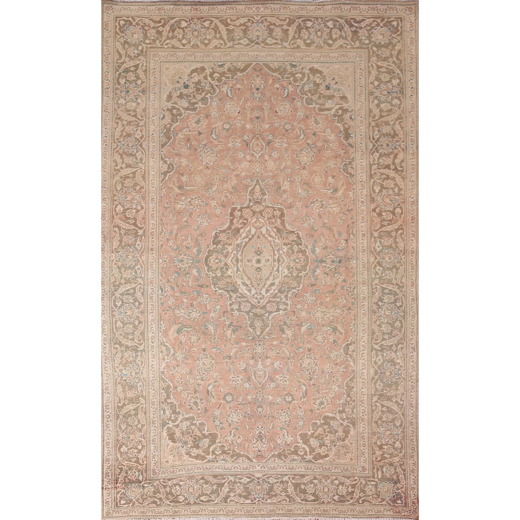 Floral Mashad Persian Vintage Area Rug Hand-Knotted Orange Wool Carpet - 6'4"x 10'5"