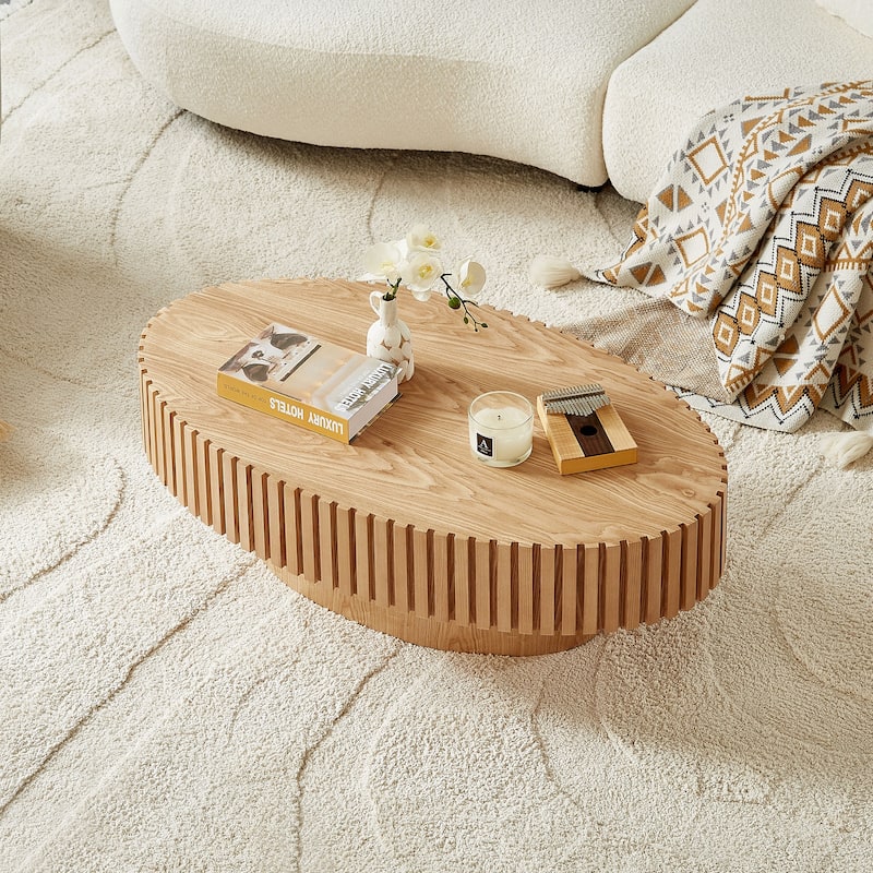 Handcraft Coffee Table Dining Table with Wood Relief, Oval End Table Accent Table with Sturdy Pedestal
