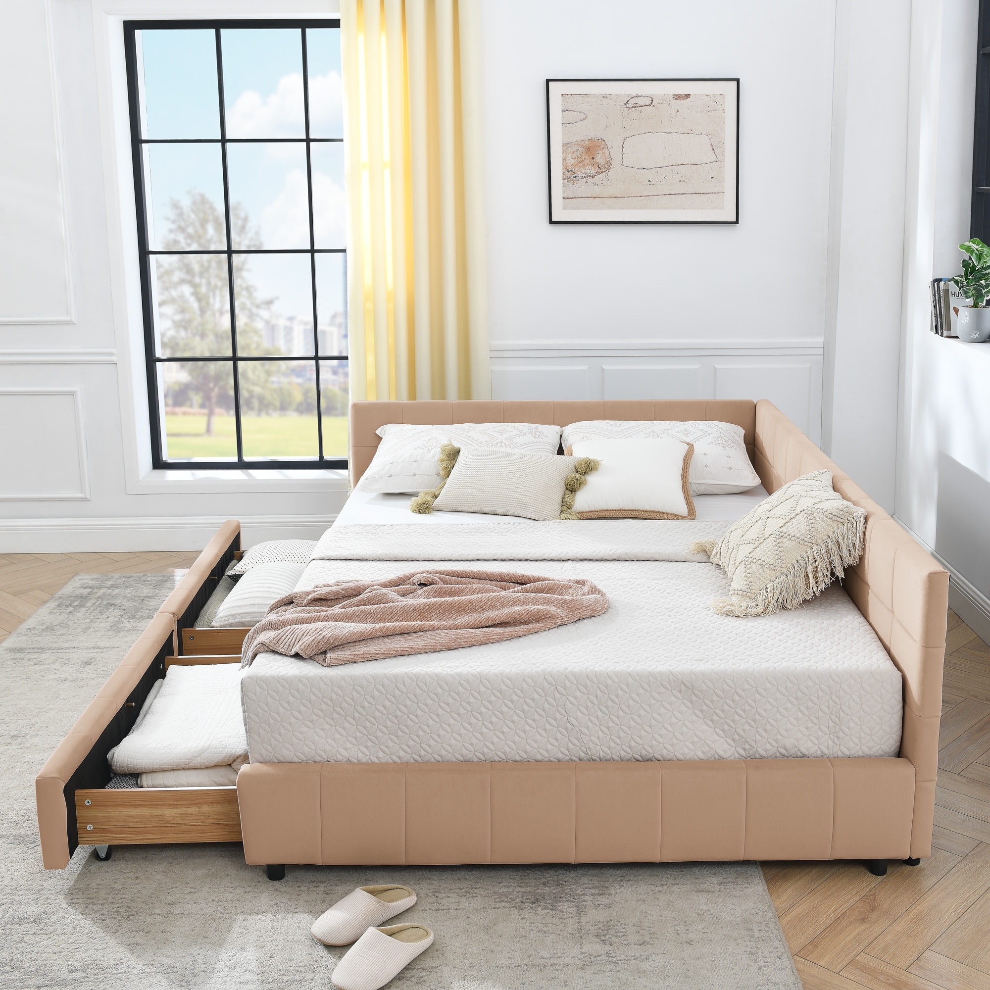Queen Size Tufted Upholstered Daybed with 2 Drawers, Velvet Fabric Queen Sofa Bed Frame with L Shaped Backrest and Armrests