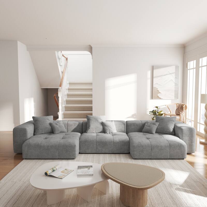 144.17" Linen Modular Sofa Modern Sectional Sofa 3-Seater Couch Lounge Chaise