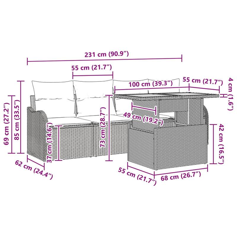 vidaXL 5 Piece Patio Sofa Set with Cushions - 90.9×24.4×27.2