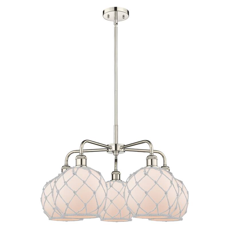Innovations Lighting Endless Possibilities Ballston - Farmhouse Rope - 5 Light 27" Stem Hung Chandelier - White Glass with White Rope/Polished Nickel