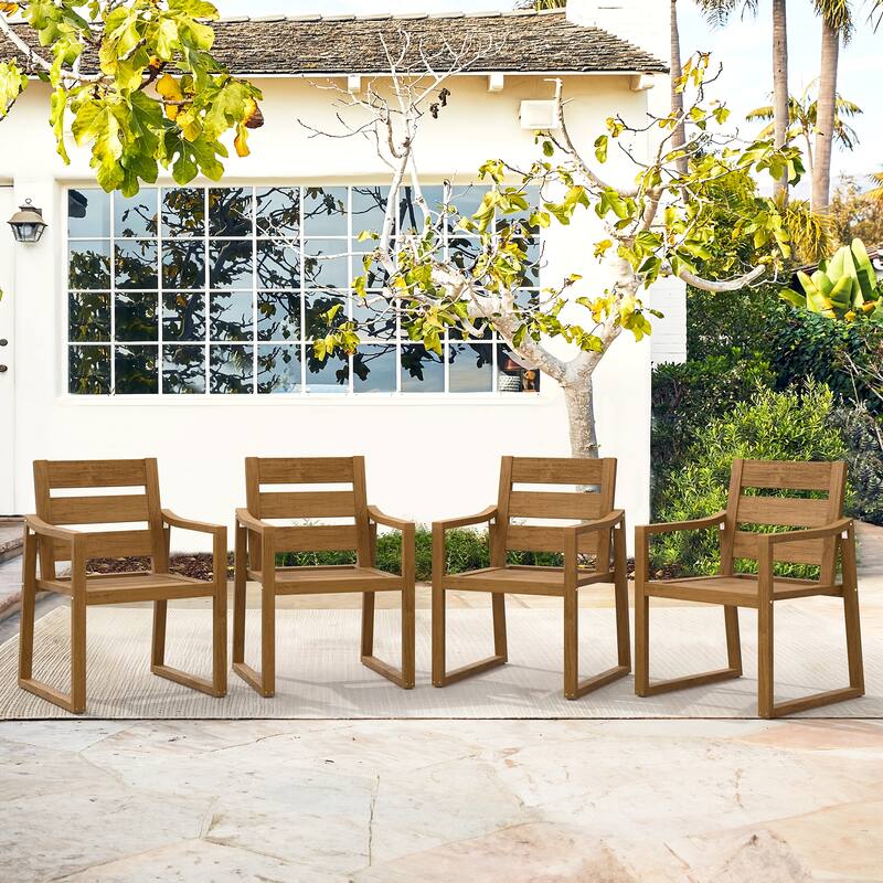 All-Weather Set of 4 Outdoor Armchair with Curved Back Plastic Wood Patio Dining Chair - Teak