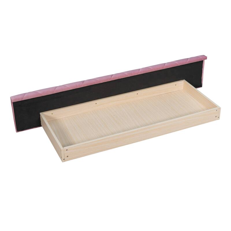 Queen Platform Bed Velvet Upholstered Bed with Wingback Headboard, 2 Side Storage Stool and Large Drawer, Round Low Profile Bed