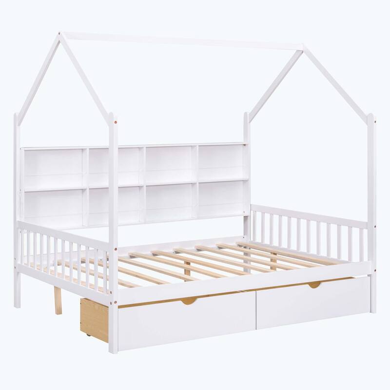 Comfortable Wooden House Bed with 2 Drawers,Kids Bed with Storage Shelf