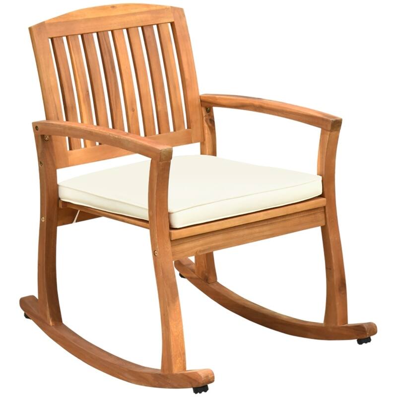 Teak Acacia Wood Rocking Chair with Cream Cushion for Porch and Patio - 23.5"W x 33.25"D x 23.5"H - Teak-Cream White