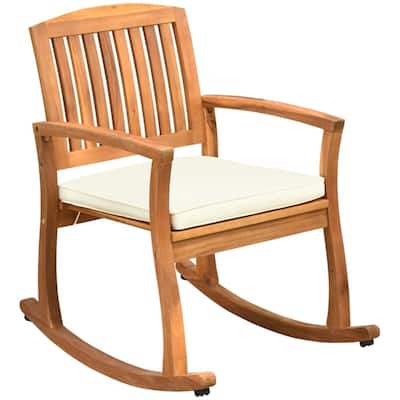 Teak Acacia Wood Rocking Chair with Cream Cushion for Porch and Patio - 23.5"W x 33.25"D x 23.5"H