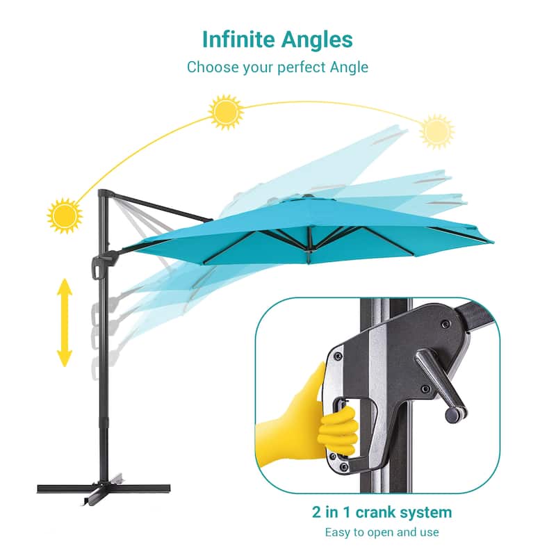 BONOSUKI 11FT LED Cantilever Patio Umbrella 360 Rotation w/Cross Base