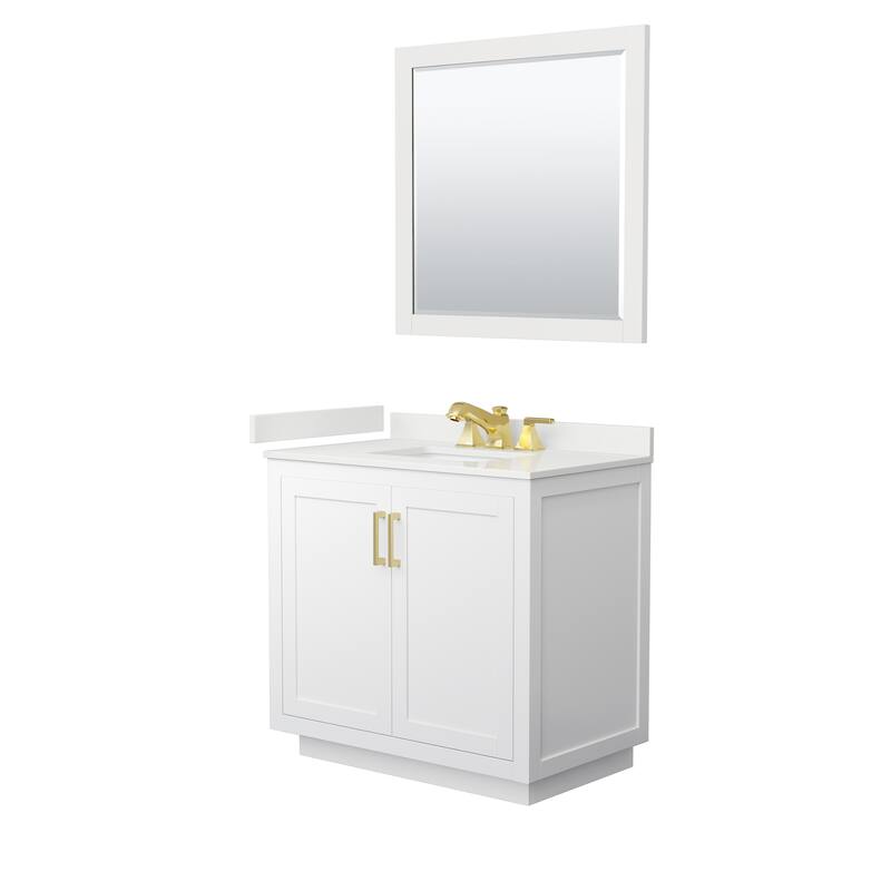 Miranda 36-inch Single Vanity, Quartz Top, 34-inch Mirror - White, Gold Trim, White Quartz Top
